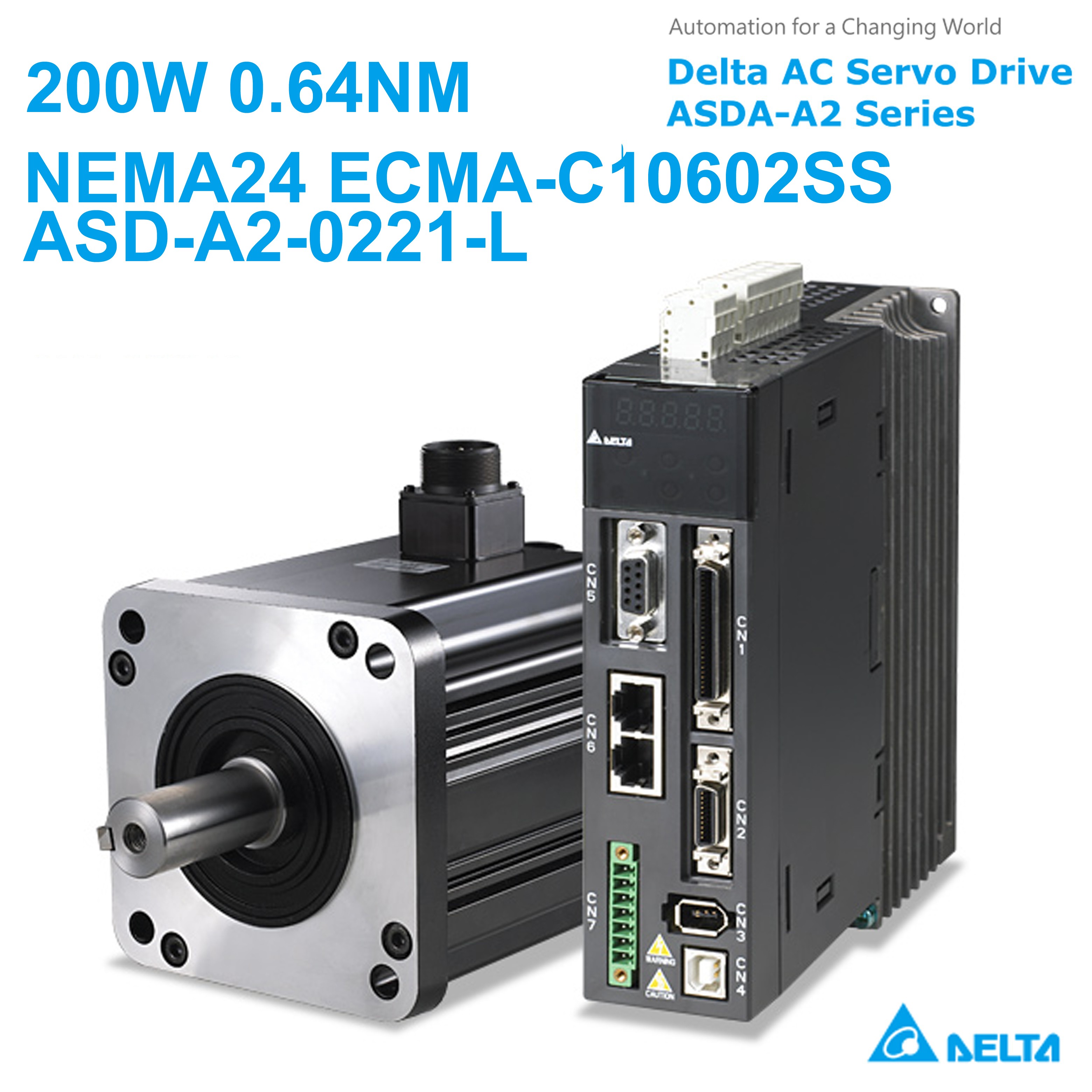 Delta AC Servo Motor Drive kits AC220V 200W 92ozin 0.64NM 3000r/min 60mm NEMA24 ECMA-C10602SS+ASD-A2-0221-L
