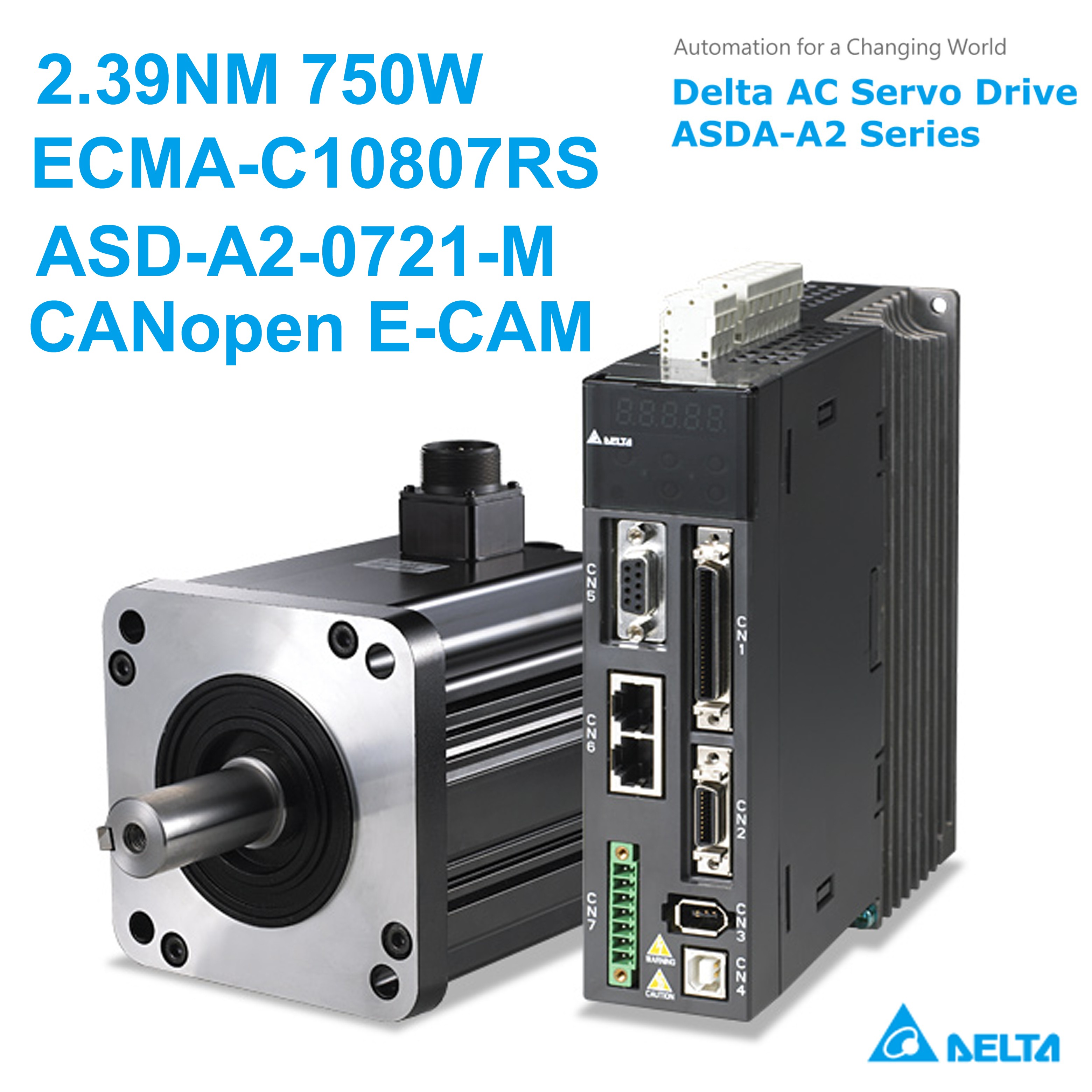Delta AC Servo Motor Drive kits AC220V 750W 342ozin 2.39NM 3000r/min 80mm NEMA32  CANopen E-CAM ECMA-C10807RS+ASD-A2-0721-M