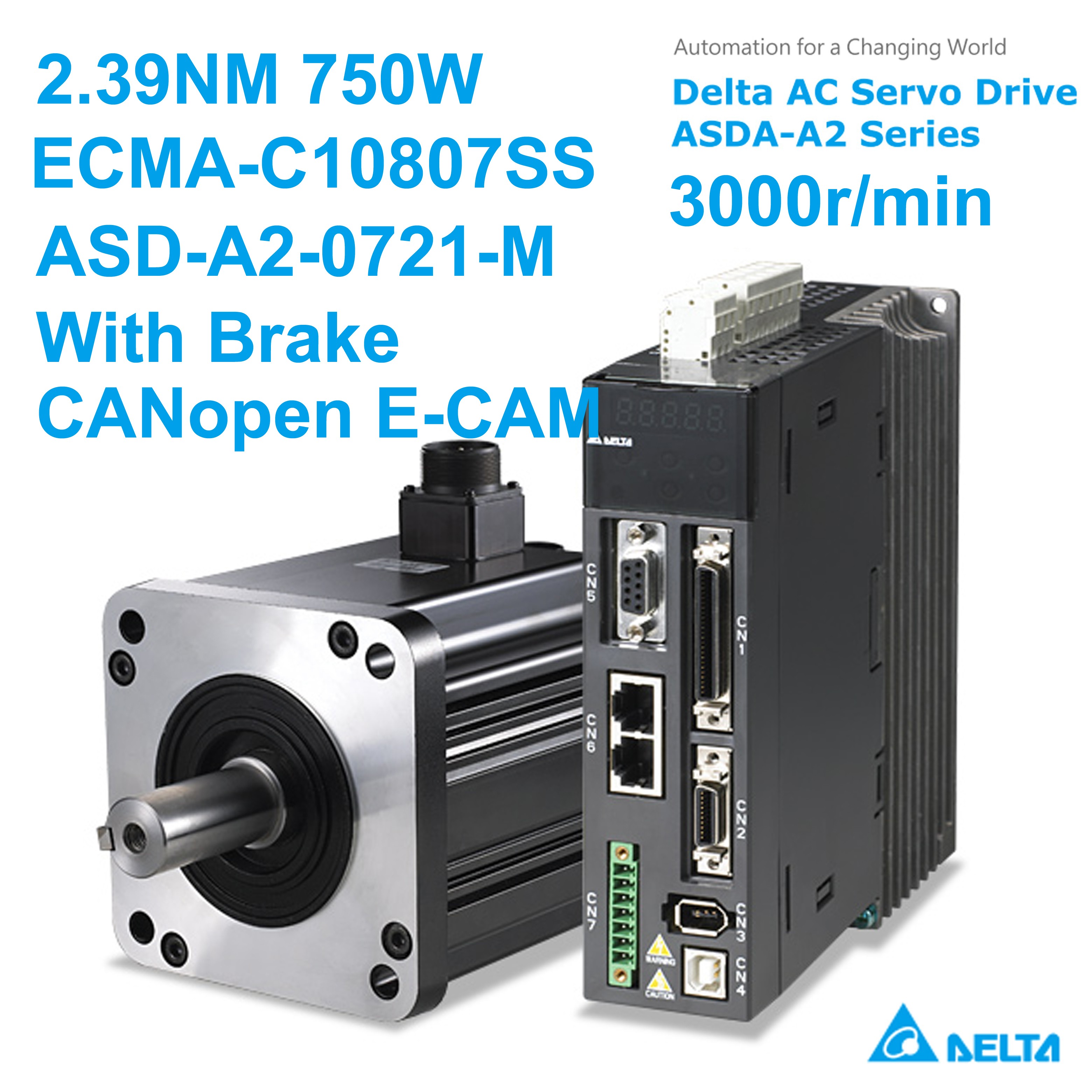 Delta AC Servo Motor Drive kits AC220V 750W 342ozin 2.39NM 3000r/min 80mm NEMA32 with brake CANopen E-CAM ECMA-C10807SS+ASD-A2-0721-M