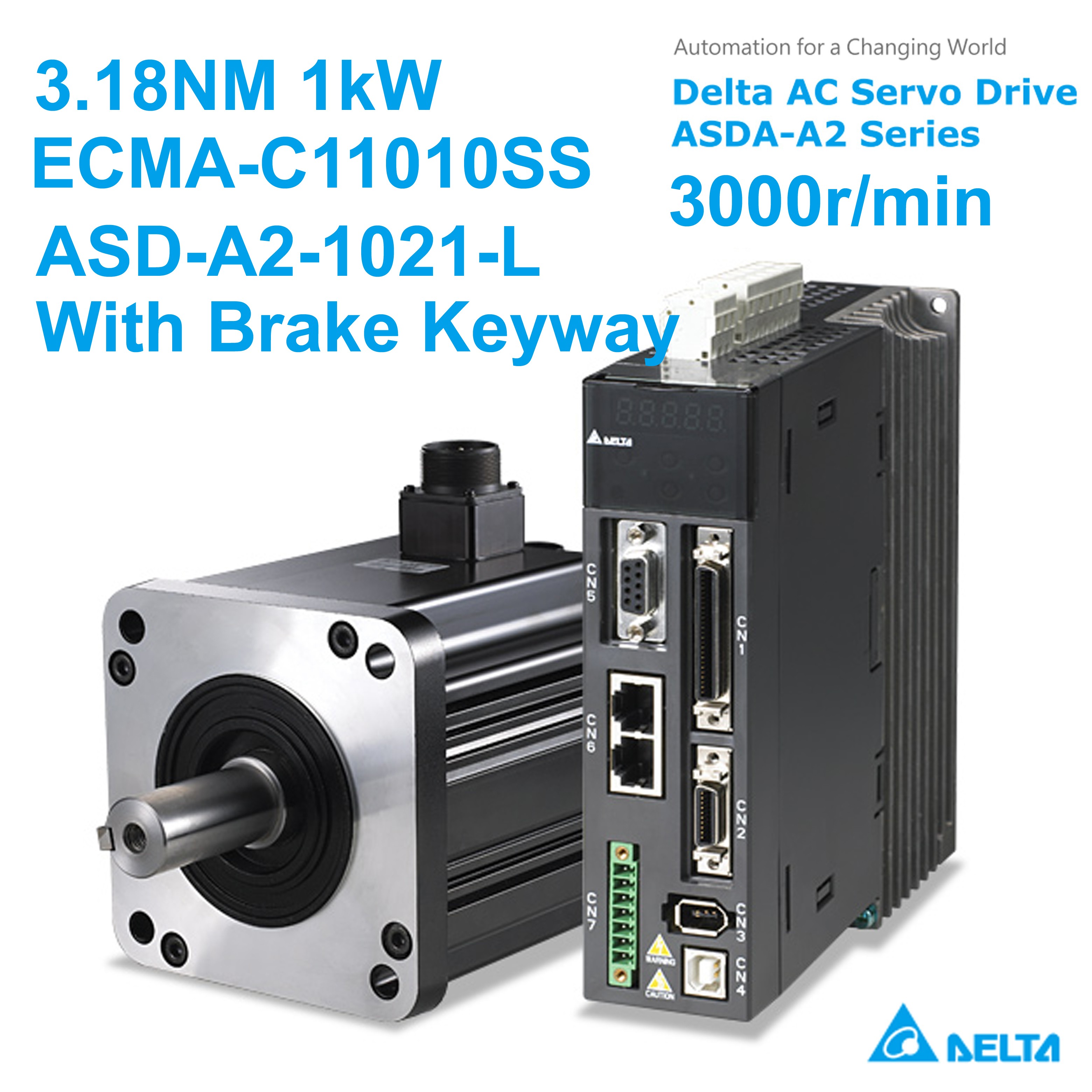 ECMA-C11010RS+ASD-A2-1021-L Delta AC Servo Motor Drive kits 220V 1kW 3.18NM 3000r/min 100mm NEMA40 Keyway