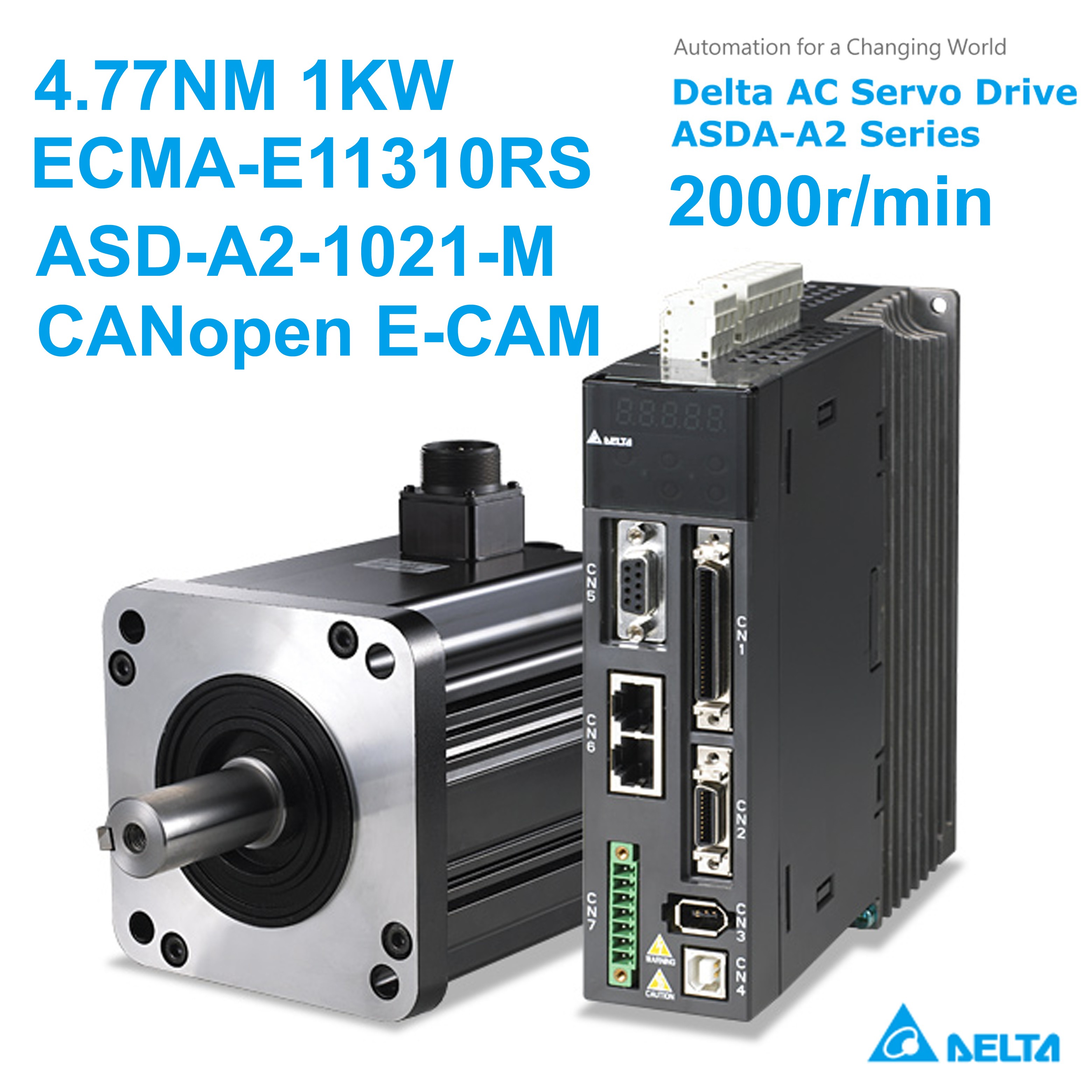 ECMA-E11310RS+ASD-A2-1021-M Delta AC Servo Motor Drive kits 220V 1kW 4.77NM 2000r/min 130mm NEMA52 Keyway  CANopen E-CAM