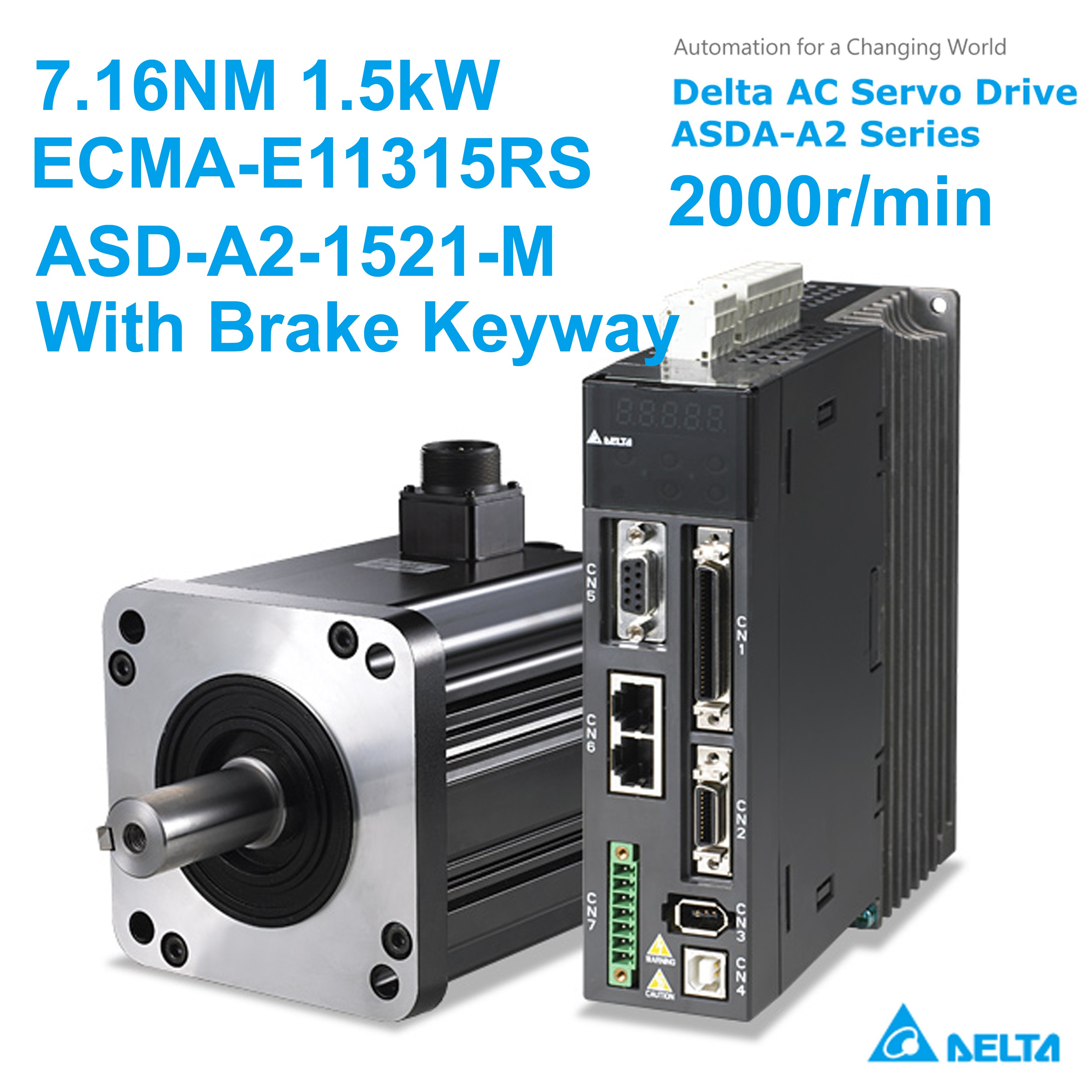 ECMA-E11315RS+ASD-A2-1521-M Delta AC Servo Motor Drive kits 220V  1.5kW 7.16NM 2000r/min 130mm NEMA52 Keyway  CANopen E-CAM