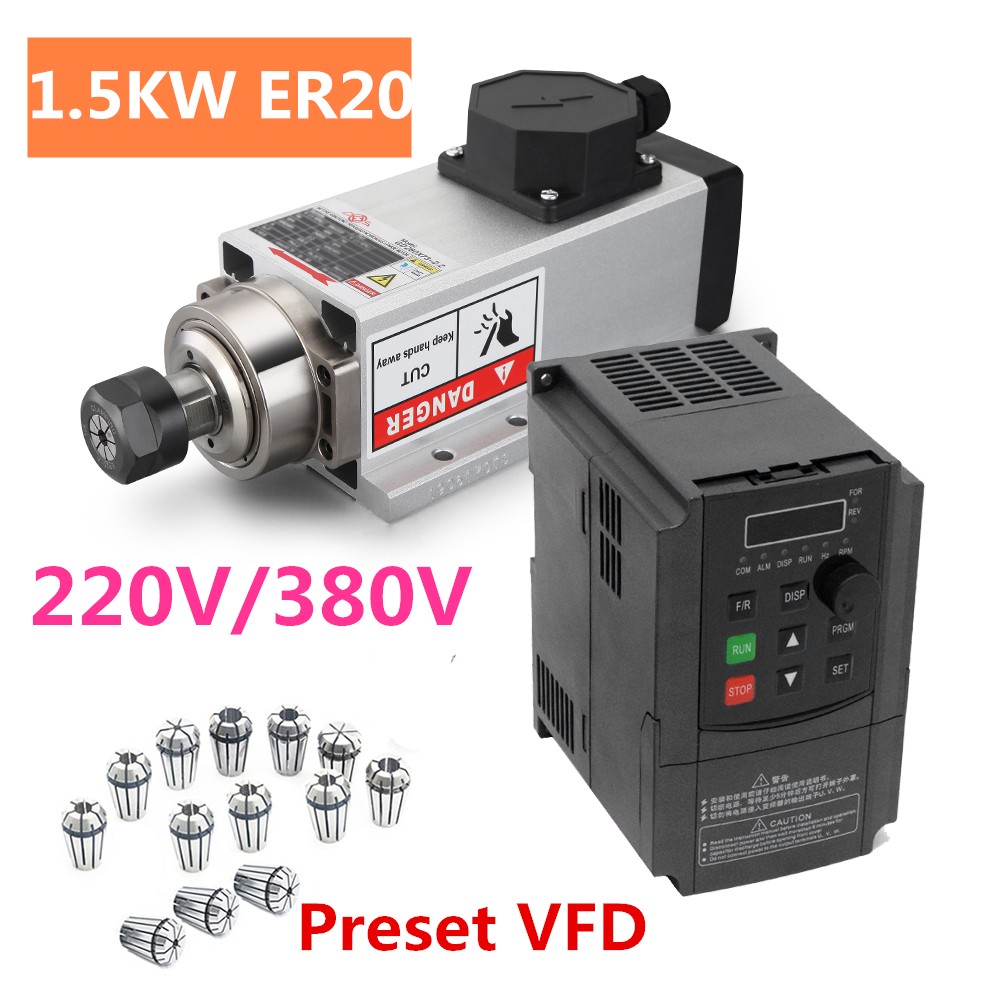 ER20 1.5KW CNC Spindle Motor VFD Frequency Driver 300HZ Air Cooled CNC Woodworking Engraving Machine