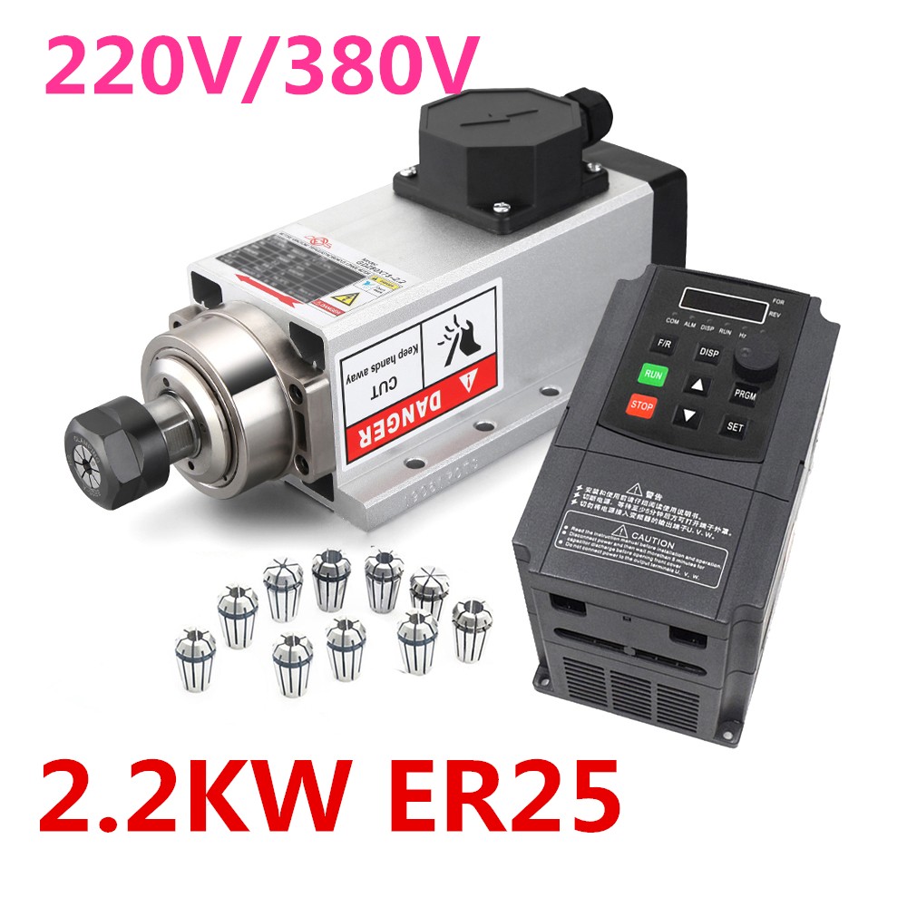 Air Cooled 2.2KW CNC Spindle Motor ER25 VFD Frequency Driver 18000rpm 300Hz CNC Woodworking Engraving