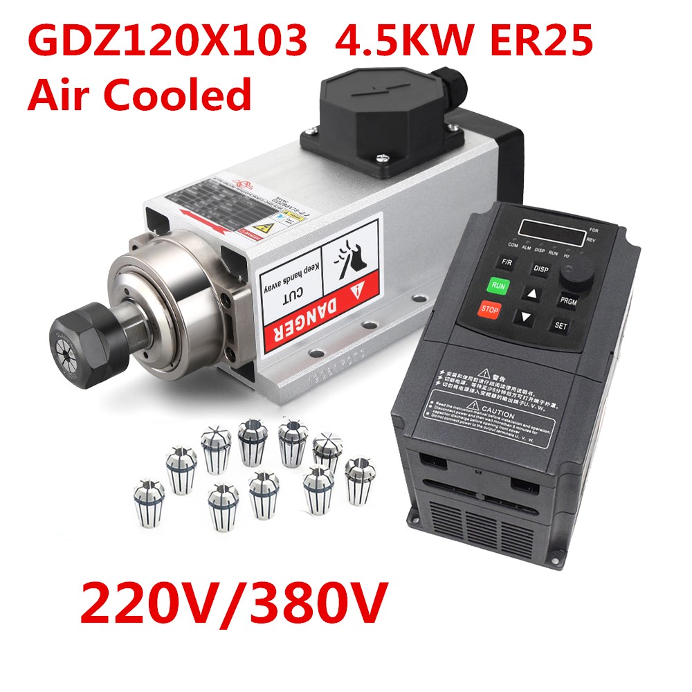 GDZ120X103-4.5KW Air Cooled CNC Spindle Motor ER25 VFD Frequency Driver CNC Woodworking Engraving 220V 380V