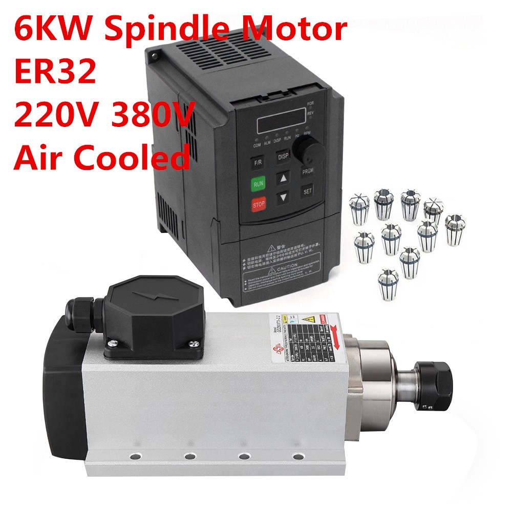 6KW Air Cooled CNC Spindle Motor ER32 VFD Frequency Driver CNC Woodworking Engraving 220V 380V